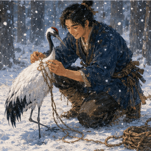 Yosaku gently lifting the last ropes from a white crane in a snowy Japanese forest